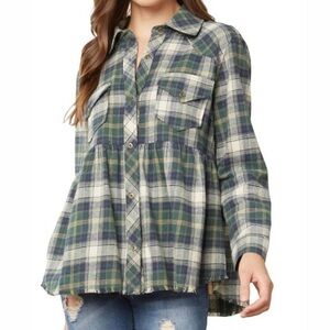 Entro Navy Blue Green and Cream Plaid Flannel Women’s Babydoll Top - Size Large